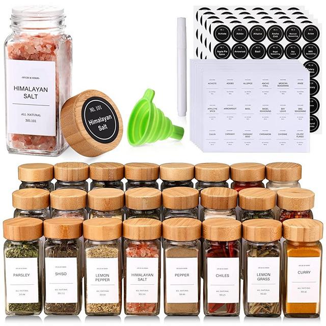 Spice Jars with Label-4oz 24Pcs，DIMBRAH Glass Spice Jars with Bamboo Lids，Spices Container Set with White Printed Spice Labels，Kitchen Empty Spice Jars