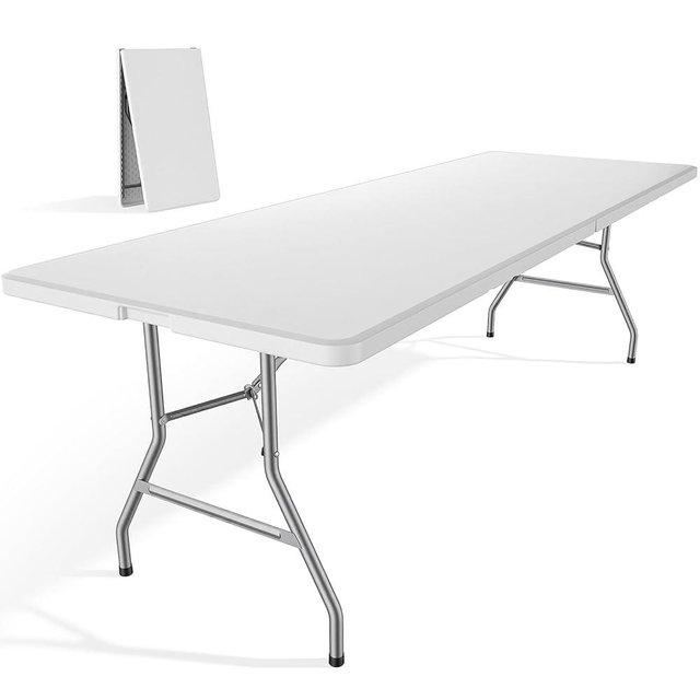 DUMOS 8 Feet Folding Picnic Table, Plastic Table with Carrying Handle, Heavy Duty Portable Table for Camping Party, White