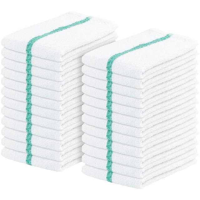 Bar Mop Towels Pack of 24 – Bulk Terry Cleaning Rags 16"x19" – Absorbent, Durable Cotton Towels for Kitchen, Restaurant, Bar, Home – Multipurpose Commercial Terry Cloth Shop Rags (Green Stripe)