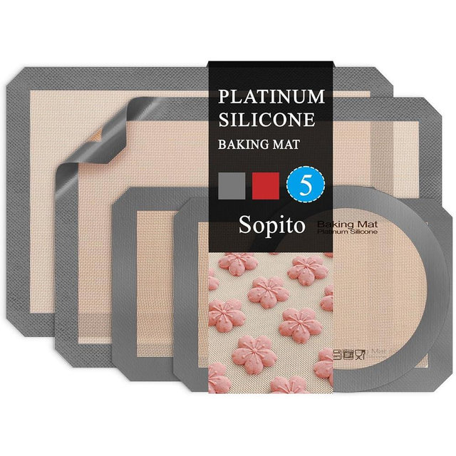Platinum Silicone Baking Mat Set of 5 (Half Sheet, Quarter Sheet and Round), Sopito Food Safe Silicone Baking Sheet, Heat Resistant 480℉ Baking Mat,Grey