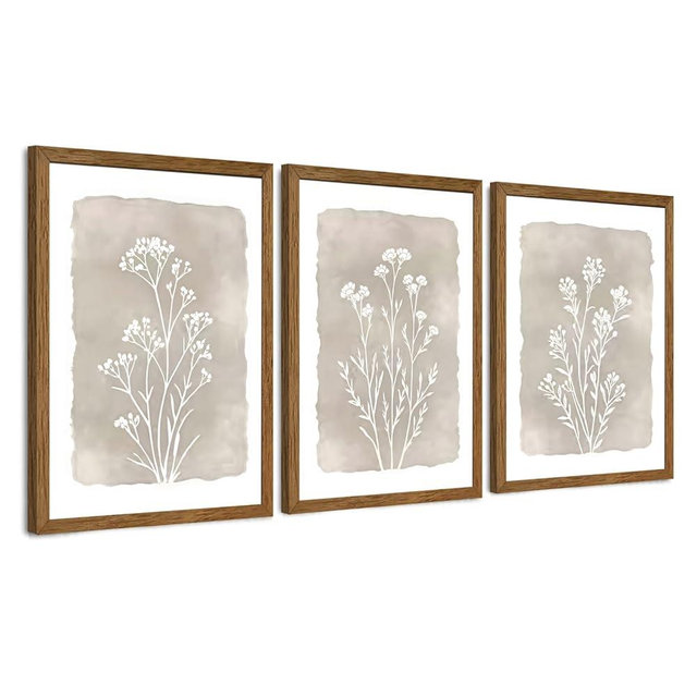 JLTULT 3 Piece Boho Beige Floral Wall Art, Minimalist Line Botanical Flower Wall Decor, Vintage Rustic Wildflower Art Prints for Living Room Bedroom Office Farmhouse decoration 12x16 in Ready to Hang