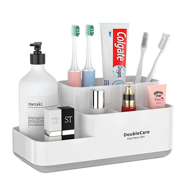 Toothbrush Holder,Bathroom Organizer Countertop, 5 Compartments Multifunctional Storage for Cosmetic, Makeup, Office Stationery Pencil ,Toothpaste, Toothbrush ,Ideal Gift for Home, Office（Gray）