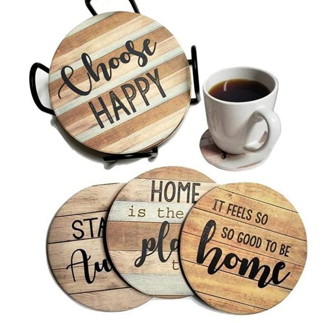 PANCHH Rustic Farmhouse Stone & Cork Coasters for Drinks, Absorbent - Set of 6 Coasters with Holder - Best Housewarming Gifts for New Home Ideas - Cute Kitchen and Coffee Table Décor & Accessories