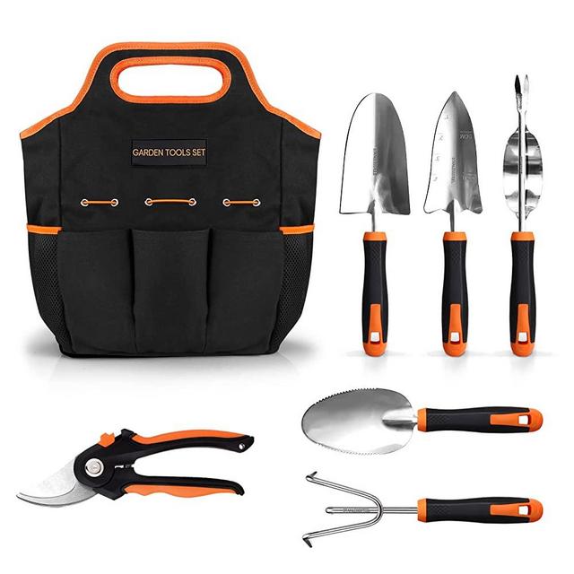 Garden Tool Set, ENGiNDOT 7 Psc Stainless Steel Heavy Duty Gardening Kit, Gardening Hand Tools with Water Proof and Never Mould Tote, Gardening Gifts for Men and Women - GGT4A