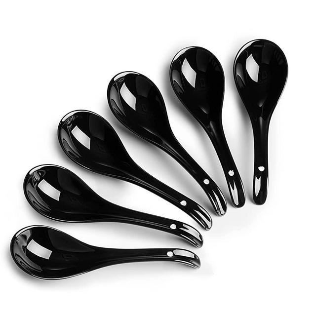 DOWAN Asian Soup Spoons Set, Ceramic Chinese Soup Spoons,Black Japanese Spoon for Cereal Stews Ramen Pho Wonton Dumpling Miso,6pcs