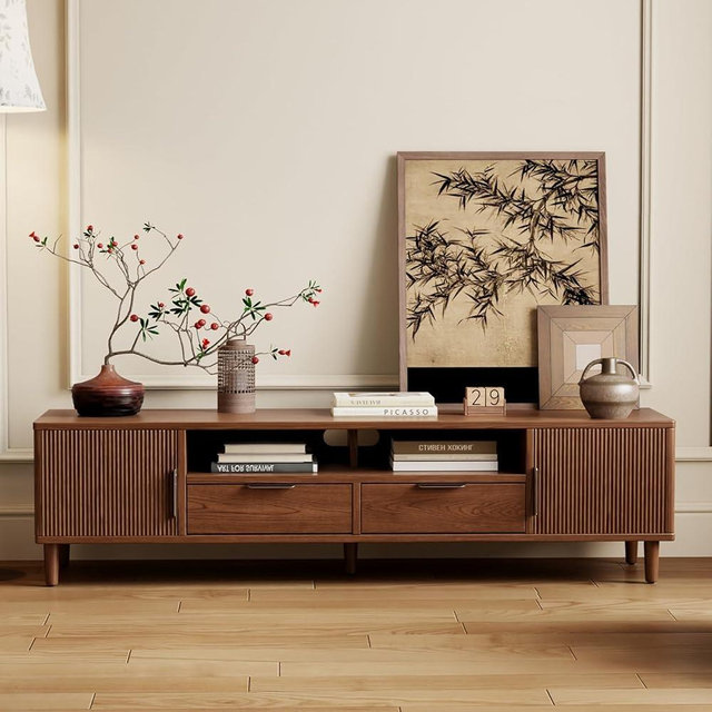 TIMBERKNOWS Mid-Century Modern TV Stand Fits TVs up to 60,Fluted TV Consoles Storage Doors and Cable Management,Entertainment Center tv Stands, for Living Room, Bedroom, Dining Room-Walunt