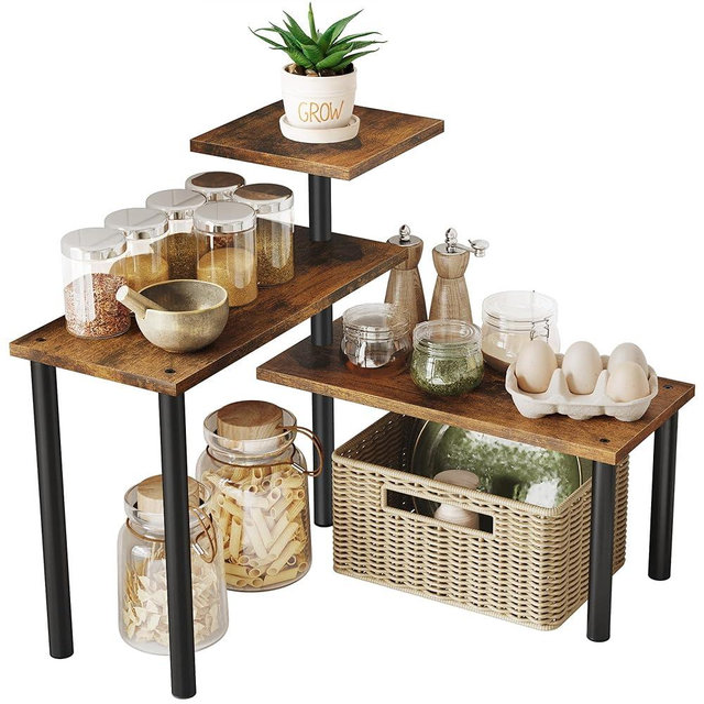 Gewudraw Countertop Organizer Corner Shelf - 3 Tier Moveable Counter Organizer Storage for Kitchen, Bathroom, Spice Rack, Coffee Area, Over Sink, Dresser Table, Rustic Brown