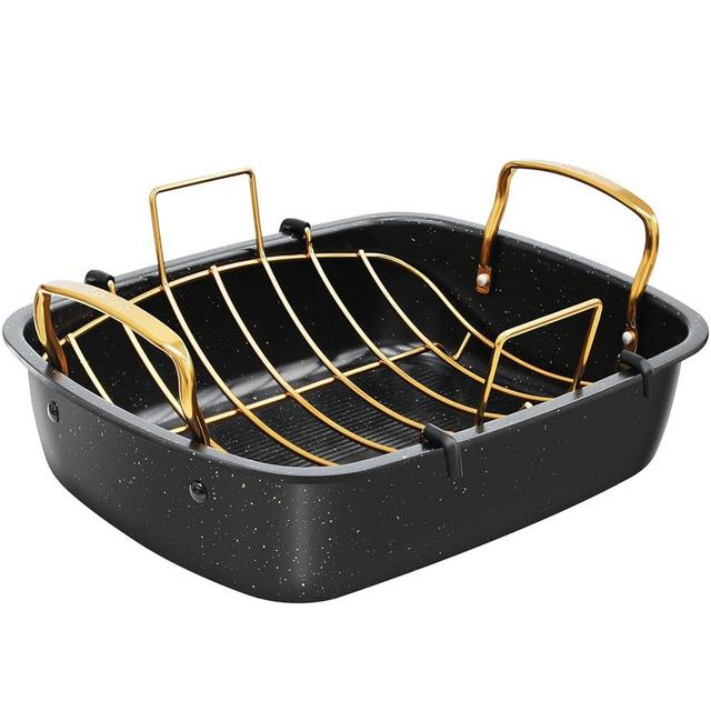 Slow Slog Roasting Pan, 17 Inch x 13 Inch Roaster with Removable Rack, Nonstick Roaster Pan for Roasting Turkey, Meat & Vegetables (Gold)