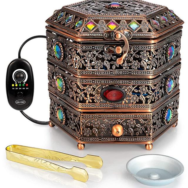 AM Regulator Electric Incense Burner - Oud Frankincense Resin Burner with Adjustable Timer & Storage Drawer (Copper)