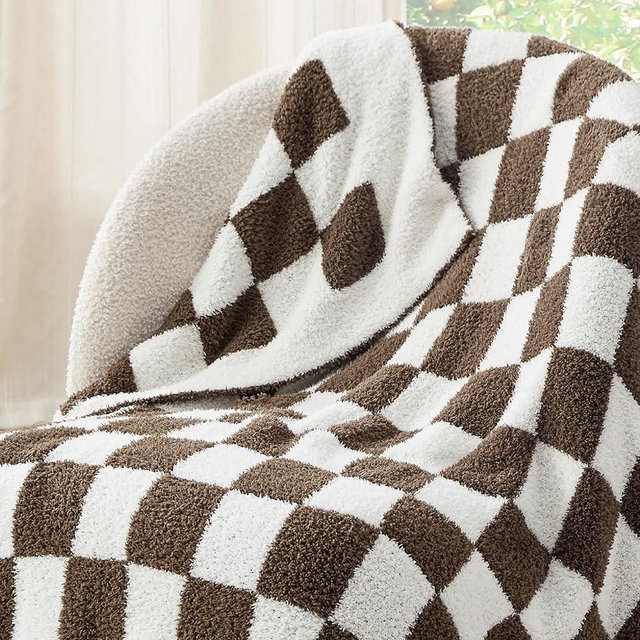 Bedsure Super Soft Knit Throw Blanket - Warm Cozy Reversible Checkered Brown Blanket, Fluffy Fuzzy Plush Lightweight Print Blanket for Couch Sofa Bed (50" x 60")