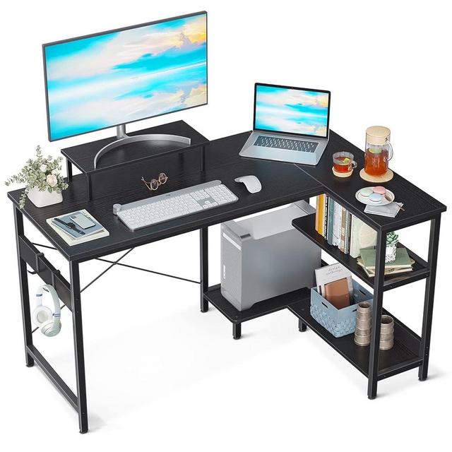 ODK 47 Inch Small L Shaped Computer Desk with Reversible Storage Shelves, L-Shaped Corner Desk with Monitor Stand for Small Space, Modern Simple Writing Study Table for Home Office Workstation, Black