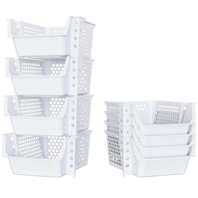 Skywin Plastic Stackable Storage Bins for Pantry - 4-Pack Stackable Bins For Organizing Food, Kitchen, and Bathroom Essentials (Ivory)