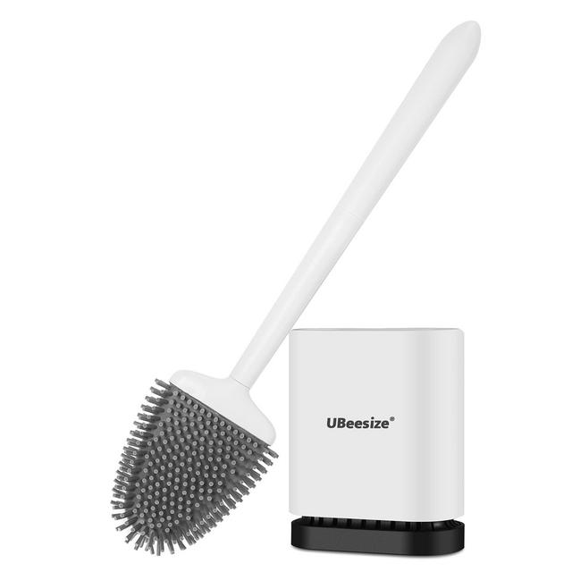 UBeesize Toilet Brush with Flat Brush Head and Silicone Bristles, Quick Drying Holder Set for Bathroom, Compact Size