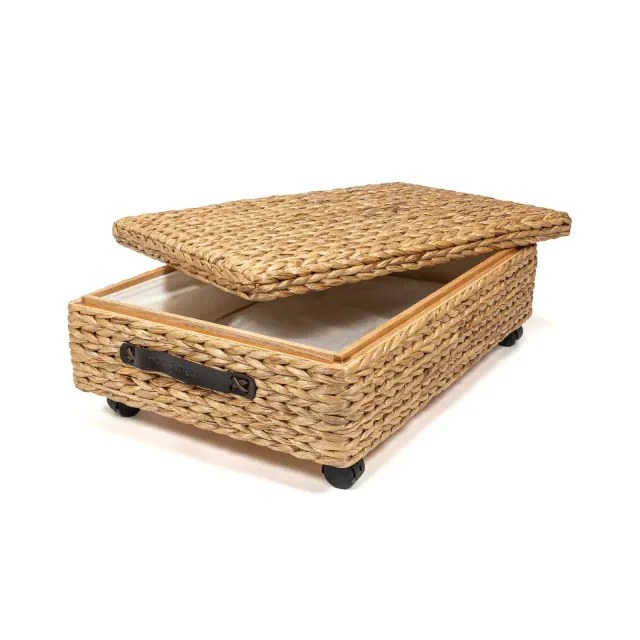 happimess Chett Minimalist Hand-Woven Hyacinth/Wood Underbed Storage Bin with Wheels and Handles, Natural