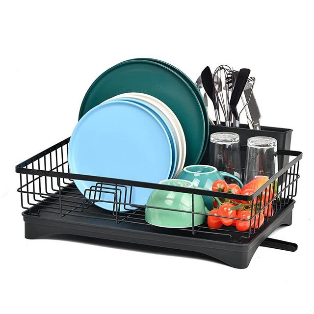 1pc Dish Drying Rack And Drainboard Set, Kitchen Counter Dish Drainer With  Removable Large Capacity 2-Tier, Double Bowl Holder, Adhesive Plate Rack,  Cutlery Rack, Kitchen Accessory, Black