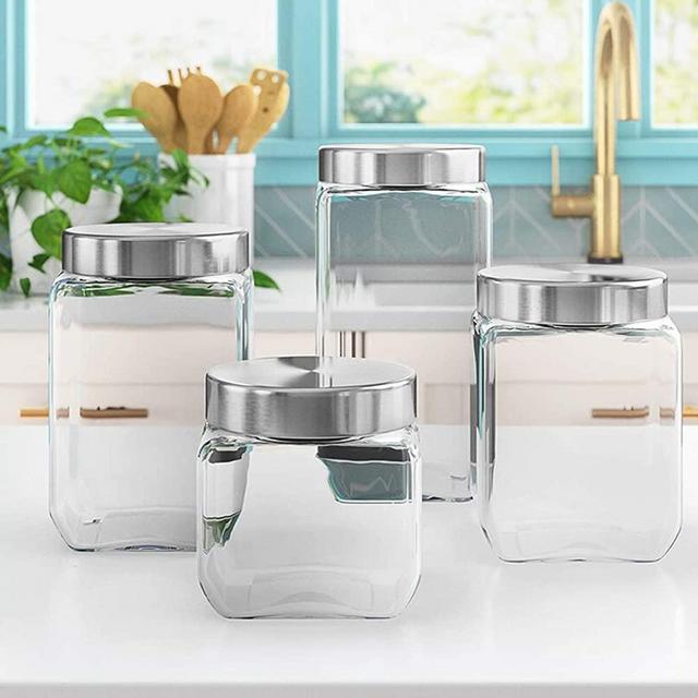 4pc Square Canister Sets for Kitchen Counter or Bathroom + Labels & Marker, Glass Cookie Jars with Airtight Lids - Food Storage Containers with Lids for Pantry - Flour, Sugar, Coffee, Cookies, etc.