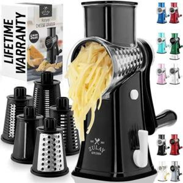 Zulay Kitchen - Rotary Cheese Grater 5 Blade Cheese Shredder with Reinforced Suction & 5 Interchangeable Drums