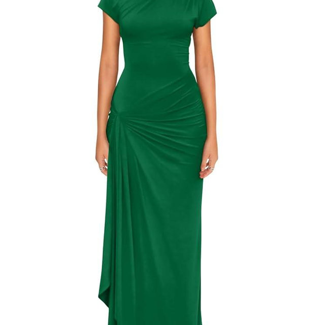 YMDUCH Women's Casual Short Sleeve Boat Neck Ruched High Split Bodycon Long Party Dress
