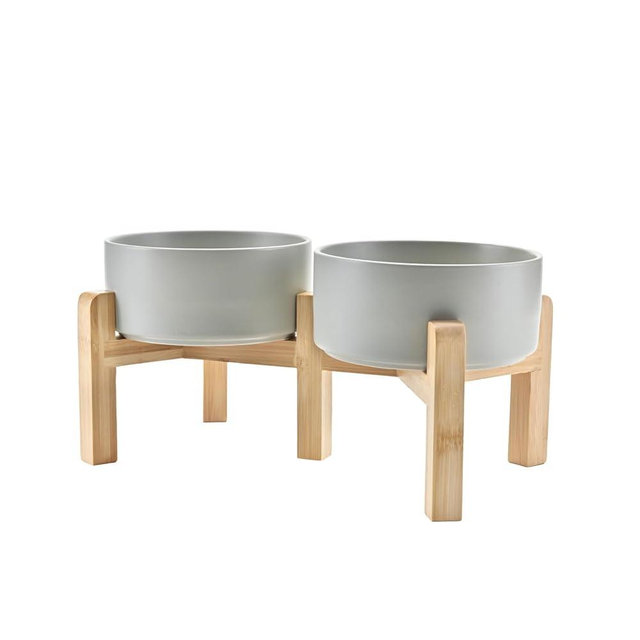 SPUNKYJUNKY Elevated Dog Bowls Ceramic, 6.1'' Dogs and Cat Food Water Bowls Raised with Non-Slip Bamboo Stand for Medium Sized Breed Microwave Dishwasher Safe - 28.7 OZ,Grey