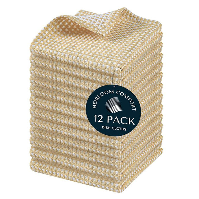 HEIRLOOM COMFORT 12 Pack Dual Tone Waffle Weave Dish Cloth, 12x12 Inch, 100% Cotton Dishcloth Set, Super Absorbent, Fast Dry, Teal Towels, Soft Hand Towel, Durable Dish Rags & Wash Cloth, Beige