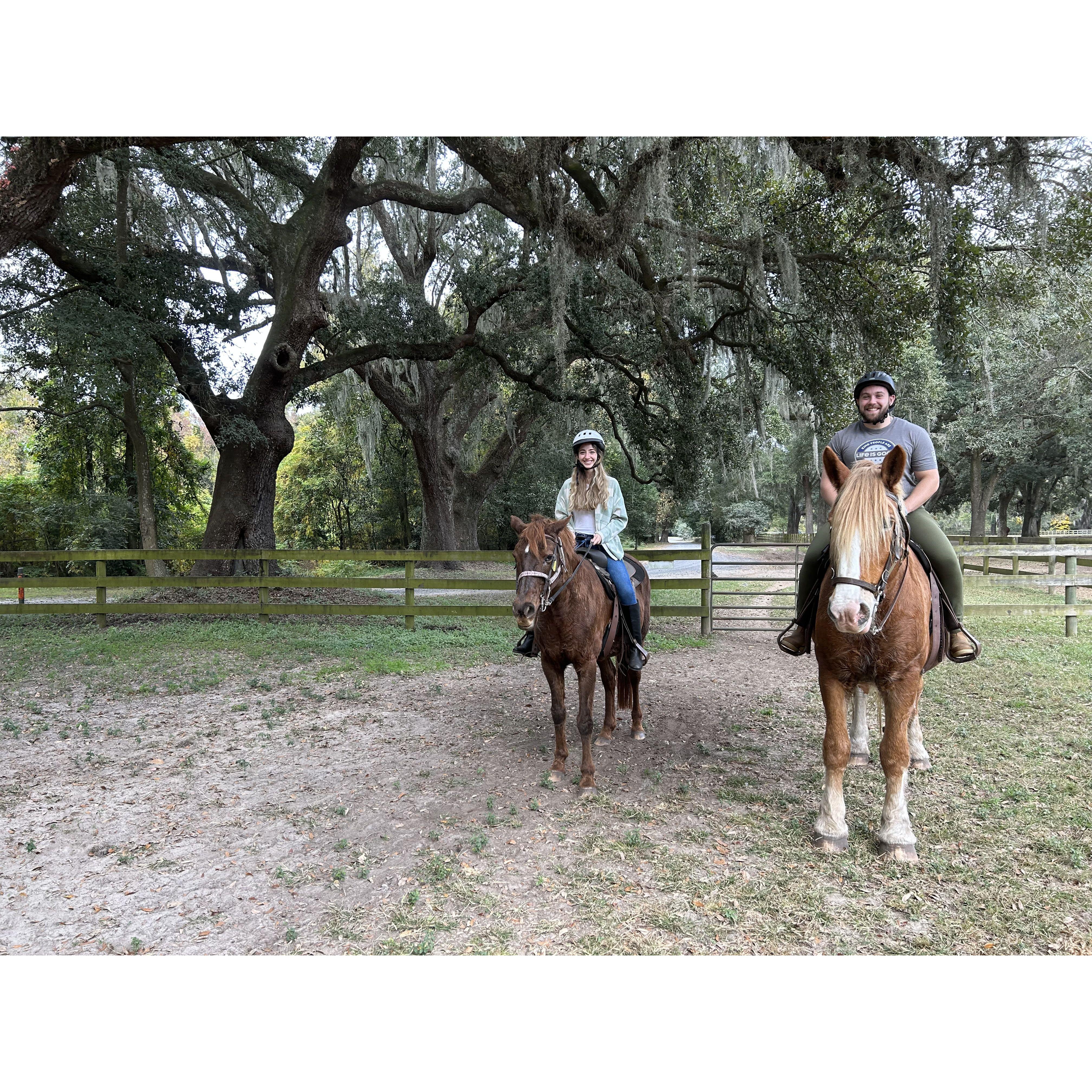 Horseback riding in Charleston, South Carolina! Zoey's horse, Essie, hated Zack's horse, Susie, so Susie proceeded to pee on Essie's face. November 2023