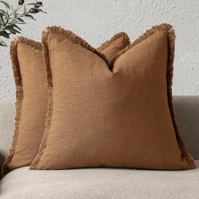 Foindtower Set of 2 Decorative Linen Fringe Throw Pillow Covers Boho Farmhouse Cushion Cover with Tassels Soft Accent Pillowcase for Couch Sofa Bed Living Room Home Decor,22×22 Inch,Orange Brown