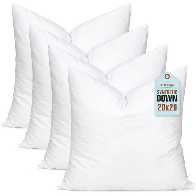 Artscope Synthetic Down Pillow Insert, 20x20 Down Alternative Throw Pillow Insert. Ultra Soft Fluffy Sleeping Pillow with 100% Cotton Cover, Decorative Pillows Set of 4-White.