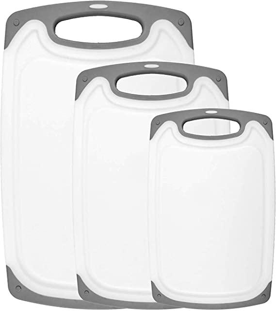 HOMWE Kitchen Cutting Board (3-Piece Set) - Juice Grooves with Easy-Grip Handles - BPA-Free, Non-Porous, Dishwasher Safe - Multiple Sizes (Gray)