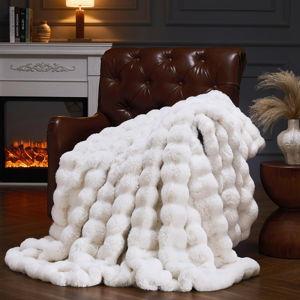 Faux Fur Throw Blanket for Couch, Fluffy Fuzzy Plush Bubble Blanket, Soft Warm Cozy Shaggy Rabbit Blanket, Luxury Decorative Gifts for Sofa Bedroom Living Room, 108x90inch (Beige)