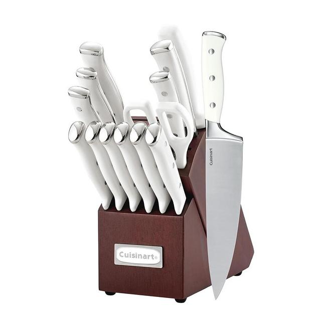 Cuisinart Classic Forged Triple Rivet, 15-Piece Knife Set with Block, Superior High-Carbon Stainless Steel Blades for Precision and Accuracy (Brushed Cherry/White)