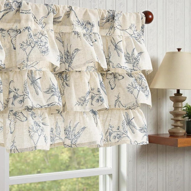 jinchan Ruffled Valance Curtain Linen Floral Kitchen Valance for Window 18 Inch Shabby Chic Small Window Treatment for Living Room Farmhouse Vintage Chic Style Light Filtering Rod Pocket 1 Panel Blue