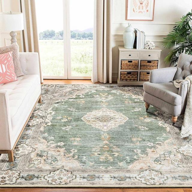 MUJOO Green Rug 6'x9' Area Rugs for Living Room Washable Rugs Large Boho Carpet for Bedroom Dining Room Neutral Vintage Farmhouse Abstract Non Slip Soft Low-Pile Floral Flowers
