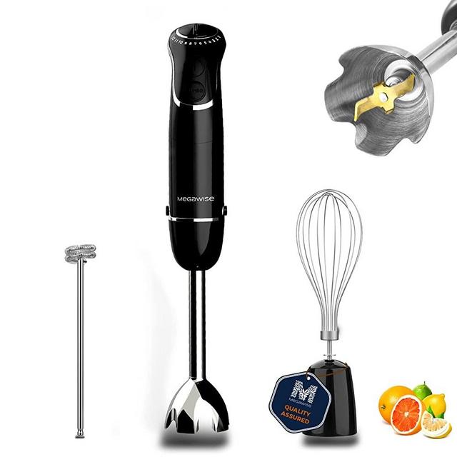 MegaWise Pro Titanium Reinforced 3-in-1 Immersion Hand Blender, Powerful 1000W with 80% Sharper Blades, 12-Speed Corded Blender, IncludingWhisk and Milk Frother (3-in 1 Black)
