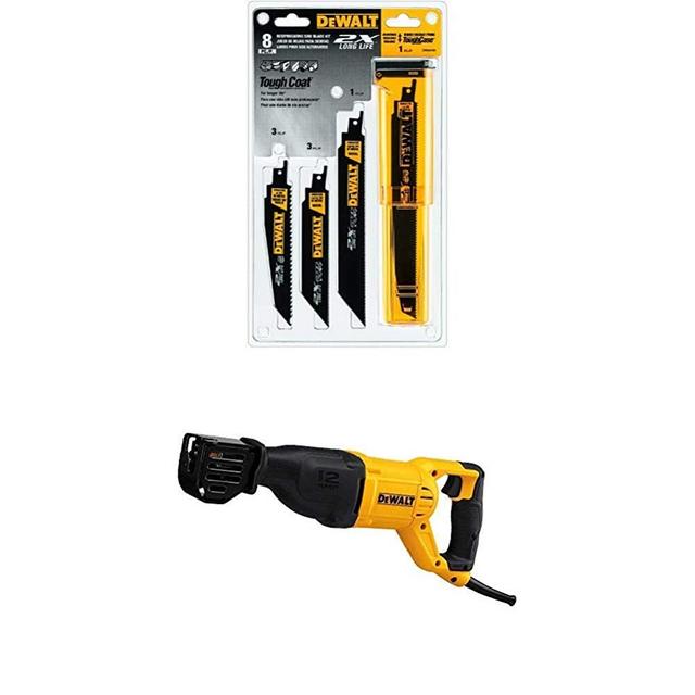 DEWALT DWE305 12 Amp Corded Reciprocating Saw with DWA4101 Bi-Metal 2X Reciprocating Saw Blade Set, 8-Piece