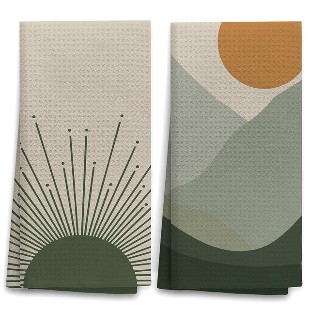 OHSUL Boho Kitchen Decorative Hand Towels, Green Boho Sun Mountain Dish Tea Hand Towels for Kitchen Bathroom Decor, 16x24 Inch, Set of 2