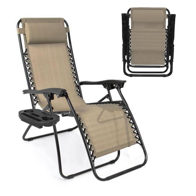 AmazingForLess Zero Gravity Lounge Chair Adjustable Outdoor Reclining Chair Folding Patio Anti-Gravity Indoor Outdoor Lounge Chair w/Pillow, Cup Holder (One Chair -Beige)