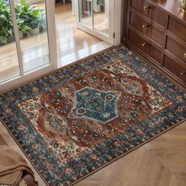 Tangsoo Oriental 2x3 Washable Rugs for Entryway Vintage Non Slip Small Area Rug, Indoor Front Door Rug, Print Door Mat Indoor Entrance Soft Low Pile Throw Rug for Entry Kitchen Bedroom Bathroom