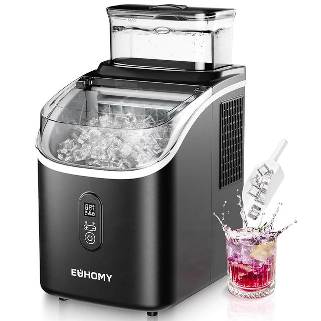 EUHOMY Ice Cube Maker Machine Countertop with External Water Tank, 34Lbs, 16Pcs Ready in 13 Mins, 2 Ways to Add Water, Auto-Cleaning, with Ice Scoop & Basket, for Home/Kitchen/Office/Bar (Black)