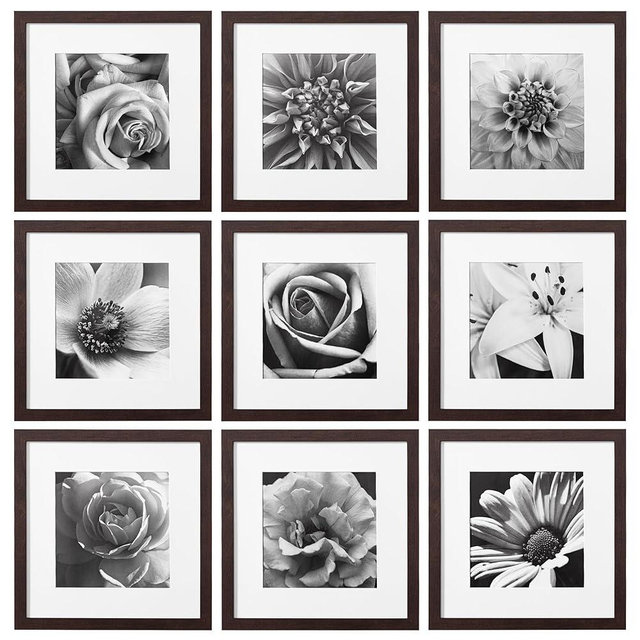 eletecpro 12x12 Picture Frames Set of 9 Modern Gallery Wall Frame Set Displays 8x8 Photo with Mat or 12x12 without Mat, Walnut Square Photo Frames Collage Wall Decor, Gallery Wall Frame for Mounting