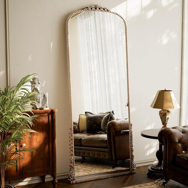 VETROVUE 28 x 69 Inch Baroque Arch Full Length Mirror, Vintage Arched Carved PU Frame Floor Full Body Standing Dressing Mirror with 3-Way Installation for Bedroom Entryway, Sliver