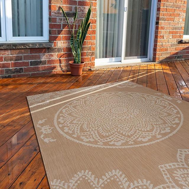 CAMILSON Outdoor Rug - Modern Area Rugs for Indoor and Outdoor patios, Kitchen and Hallway mats - Washable Outside Carpet (6x9, Medallion - Beige / White)