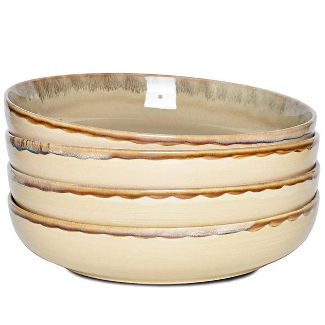 Bosmarlin Stoneware Large Pasta Bowls, Set of 4, Big Salad Bowls, Microwave and Dishwasher Safe (Brown Grey, 9.3 in)