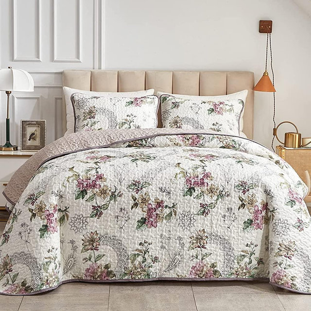 3 Pieces King Size Quilt Set, Beige Floral Reversible Bedspread Coverlet Set, Soft Microfiber Lightweight Bed Cover for All Season (102" x 90", 1 Quilt+ 2 Pillow Shams)