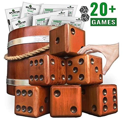Splinter Woodworking Co Yardzee, Farkle & 20+ Games - Giant Yard Dice Set (All Weather) with Wooden Bucket, 5 Big Laminated Score Cards, and Dry Erase Marker - Jumbo Backyard Lawn Games