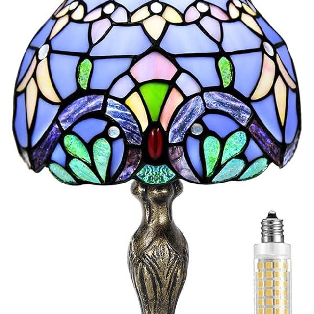 MIAOKE Stained Glass Table Lamp,Stained Glass Crystal Bead Style Table Light,Handmade Desk Bedside Night Light,Antique Art Craft Gifts Lover Living Room Bedroom Bookcase (Blue Baroque)