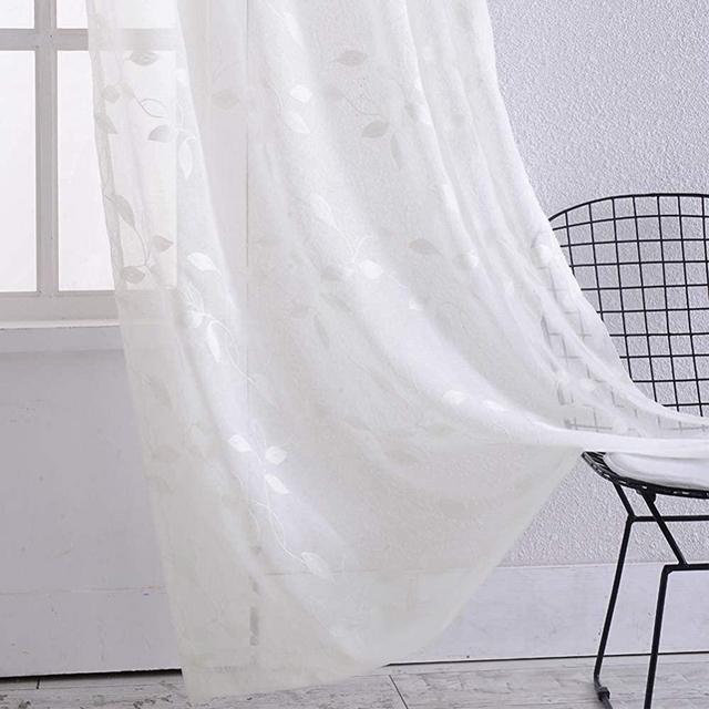 Haperlare Sheer Curtains, Leaf Embroidery White Sheer Window Curtains Faux Linen Textured Solid Grommet Voile Curtains for Living Room Bedroom, 52 x 84 Inch, 2 Panels