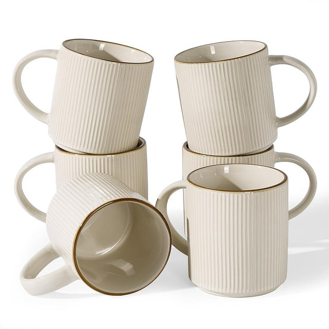 famiware Coffee Mug Set for 6, Star 16 oz Catering Mugs Cup Set with Handle for Coffee, Tea, Cocoa, Milk - Ceramic Stoneware Drinkware Set, White