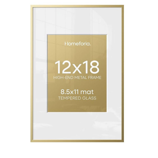 Homeforia 12x18 Picture Frame Gold, High End Metal 12x18 Poster Frames with Mat 8.5x11 Photo, 12 x 18 Gold Frame Matted to 8.5 by 11 Print, 18x12 Thin Hanging Frame, Tempered Glass, Wall Kit, Set of 1