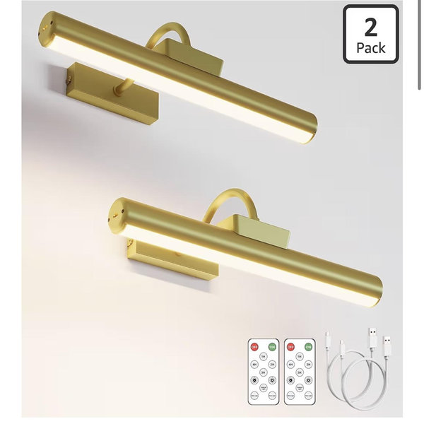 Picture Light Battery Operated, 13in Wireless Art Light for Paintings, Dimmable 5000mAh Recharging Battery Picture Light with Remote Control for Wall, Gallery Dartboard Art Bedroom (Gold-2Pack)