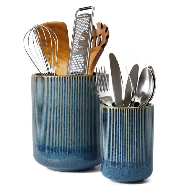 Pokini Utensil Holder, 7.3"+5.3" Ceramic Large Kitchen Utensil Holder for Countertop, Modern Spatula Holder for Counter, Kitchen Utensils Holder Utensil Crocks, Reactive Glaze Blue